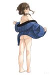  1girl artist_name ass blue_jacket brown_hair closed_mouth commentary_request floating_hair folded_ponytail from_behind hair_ornament hairclip hanten_(clothes) highres inazuma_(kancolle) jacket kantai_collection kuro4221 long_sleeves looking_at_viewer looking_back naked_jacket orange_eyes plaid plaid_jacket removing_jacket short_hair_with_long_locks simple_background solo standing white_background 