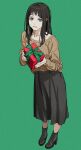  1girl absurdres black_footwear black_hair black_skirt chainsaw_man commentary eyelashes gift green_background green_eyes high_heels highres holding holding_gift long_hair long_skirt looking_at_viewer parted_lips santa_claus_(chainsaw_man) shiren_(ourboy83) simple_background skirt smile solo 
