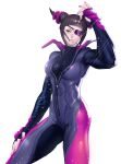  1girl black_hair bodysuit breasts cofffee drill_hair eyepatch fingerless_gloves gloves hair_horns han_juri highres jewelry lips looking_at_viewer nail_polish purple_eyes short_hair simple_background solo street_fighter street_fighter_v white_background 