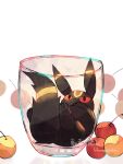  animal_focus artist_name black_fur cherry commentary_request food fruit glass hanabusaoekaki highres no_humans pokemon pokemon_(creature) red_eyes solo tail umbreon watermark 