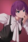  1girl absurdres black_dress blue_eyes bow closed_mouth dress expressionless hand_on_own_face hand_up highres long_hair monogatari_(series) nemo_ringo purple_hair senjougahara_hitagi shirt short_hair solo white_bow white_shirt 