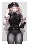  anthro blush bovid breasts caprine clothing female fur goat hair hi_res horn looking_at_viewer mammal police_hat police_uniform simple_background solo spuydjeks uniform white_body white_fur white_hair yellow_eyes 