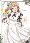  1girl black_ribbon commentary dress drink english_text food foreshortening framed hair_tuft highres holding holding_tray iced_tea light_blush light_brown_hair looking_at_viewer love_live! love_live!_school_idol_project maid maid_headdress minami_kotori neck_ribbon omelet one_eye_closed one_side_up outstretched_arm product_placement ranemu ribbon single_hair_ring solo teeth tray upper_teeth_only wing_collar yellow_eyes 