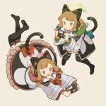  2girls :3 animal_ear_headphones animal_ears animal_hood black_jacket black_skirt black_thighhighs blonde_hair blue_archive blue_bow blunt_bangs blush bow brown_background cat_ear_headphones cat_hood cat_tail closed_mouth commentary_request fake_animal_ears fake_tail floating frown green_eyes hair_bow halo handheld_game_console headphones highres holding holding_handheld_game_console hood hood_down hooded_jacket jacket lace-trimmed_skirt lace_trim long_sleeves low_tied_sidelocks lying midori_(blue_archive) momoi_(blue_archive) multicolored_clothes multicolored_jacket multiple_girls multiple_hair_bows nintendo_switch no_shoes on_stomach open_mouth outstretched_arms pigeon-toed pout red_bow red_eyes short_hair siblings sidelocks simple_background sisters skirt smile tail thighhighs toe_miyama v-shaped_eyebrows white_jacket 