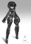  1girl armor arms_at_sides colored_skin commentary_request facial_mark full_body goggles goggles_on_head gradient_background grey_background grey_eyes head-mounted_display highres joints looking_at_viewer no_feet original robot_girl robot_joints smile solo soruto_0w98e standing tareme two-tone_background white_background white_skin 