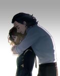  1boy 1girl belt black_hair black_shirt blonde_hair brown_belt brown_hair brown_necktie brown_pants closed_eyes collared_shirt covered_mouth crying crying_with_eyes_open fingernails gradient_background gradient_hair green_eyes green_vest grey_background hug hug_from_behind loki_(disney+) loki_(marvel) long_sleeves looking_down marvel marvel_cinematic_universe medium_hair multicolored_hair murdermuffinloki necktie open_mouth pants shirt short_hair simple_background smile standing sylvie_(marvel) tears tongue vest white_background white_shirt 