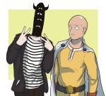  2boys bald belt bodysuit cape extra_eyes gloves jumpsuit looking_at_another multiple_boys one-punch_man onodera_punpun oyasumi_punpun poley-world red_gloves saitama_(one-punch_man) v yellow_bodysuit yellow_jumpsuit 