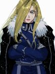  1girl absurdres black_jacket blonde_hair blue_eyes blue_jacket blue_pants breasts crossed_arms fullmetal_alchemist fur-trimmed_jacket fur_trim gloves hair_over_one_eye highres jacket jacket_on_shoulders lips long_hair looking_at_viewer medium_breasts military military_jacket military_uniform olivier_mira_armstrong ozaki_(tsukiko3) pants pink_lips snow snowing solo uniform upper_body white_background white_gloves 