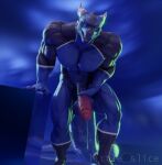  3d_(artwork) anthro balls blender_cycles blue_eyes bodily_fluids digital_media_(artwork) dragon dripping genital_fluids genitals hi_res holding_balls holding_penis horn leaning_on_object littleslice-sfm looking_at_viewer male muscular muscular_male penis precum precum_drip solo standing tail wao_(e-zoid) 