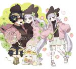  &gt;_&lt; 1boy 1girl 2023 animal_ears animal_on_head aurora_sya_lis_kaymin binsusoda black_sweater blush blush_stickers bow chinese_zodiac demon_cleric demon_horns demon_tail green_bow happy_new_year highres horns jacket kemonomimi_mode kneehighs long_hair low-tied_long_hair maou-jou_de_oyasumi on_head open_mouth pink_footwear pink_jacket purple_eyes purple_hair rabbit rabbit_ears rabbit_on_head shoes shorts sneakers socks star-shaped_pupils star_(symbol) sweater symbol-shaped_pupils tail turtleneck turtleneck_sweater twintails very_long_hair white_shorts white_socks year_of_the_rabbit 