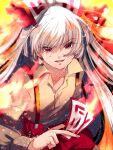  1girl bow brown_shirt collared_shirt fire fujiwara_no_mokou hair_bow highres holding long_hair long_sleeves mokoiscat ofuda open_mouth pants red_eyes red_pants shirt solo suspenders touhou white_bow white_hair 