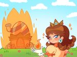  1girl blue_eyes brown_hair burning_building cloud crown dress earrings eyelashes fire fire_daisy flower_earrings freckles frilled_gloves frills gloves grass highres house jewelry looking_at_viewer looking_back manysart1 mario_(series) princess_daisy smile sparkle super_mario_bros._wonder white_gloves yellow_dress 