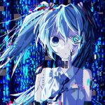  1girl :o abstract_background aqua_eyes aqua_hair breasts chromatic_aberration commentary_request crack crying detached_sleeves glitch hair_between_eyes hatsune_miku highres long_hair looking_at_viewer loose_wires medium_breasts necktie open_mouth pixelated shirt solo standing static twintails upper_body very_long_hair vocaloid wire yami_kawaii zer0h 