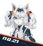  1girl ahoge animal_ears black_hairband blue_eyes character_name chinese_clothes grey_eyes grey_hair hair_ornament hair_over_eyes hairband heterochromia highres long_hair long_sleeves looking_at_viewer mechanical_ears no.21:_feral_scent_(punishing:_gray_raven) no.21_(punishing:_gray_raven) official_alternate_costume official_alternate_hairstyle open_mouth punishing:_gray_raven sidelocks signature solo syukannaduki teeth two_side_up upper_teeth_only white_background wolf_ears 