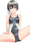  1girl absurdres black_hair black_one-piece_swimsuit breasts cameltoe collarbone commentary_request competition_swimsuit green_eyes grin highres logo looking_at_viewer multicolored_clothes multicolored_swimsuit one-piece_swimsuit original short_hair simple_background small_breasts smile solo spread_legs standing swimsuit takafumi tomboy two-tone_swimsuit variant_set white_background 