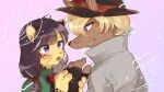  1boy 1girl black_hair blonde_hair blue_eyes blush bow coat fang fingerless_gloves flower furry furry_female furry_male gloves grey_coat hair_bow hat hat_flower highres holding_hands jaguar_girl kaiketsu_zorori olive_(kaiketsu_zorori)_(rata_(norahasu)) open_mouth original pink_background professor_gaon purple_eyes rata_(norahasu) red_bow red_flower red_rose rose simple_background sweatdrop wolf_boy 