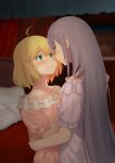  2girls ahoge anisphia_wynn_palettia bed bedroom blonde_hair blush euphyllia_magenta eye_contact green_eyes grey_hair highres indoors long_hair looking_at_another lost_july multiple_girls purple_eyes short_hair smile tensei_oujo_to_tensai_reijou_no_mahou_kakumei yuri 