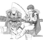  2boys amuro_ray bandaid bandaid_on_cheek bandaid_on_face belt belt_pouch boots bucket camping_chair chair char&#039;s_counterattack char_aznable closed_mouth coat coat_removed ex.rudo expressionless fishing fishing_rod full_body fur-trimmed_coat fur_trim greyscale gundam hair_slicked_back highres holding holding_fishing_rod holster ice_fishing jitome male_focus monochrome multiple_boys normal_suit on_chair outdoors pilot_suit pouch scar scar_on_face scar_on_forehead short_hair shovel sitting thigh_holster 