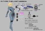  1girl absurdres black_eyes blonde_hair bodysuit breasts bright_pupils canopy_(aircraft) character_name character_profile energy_beam energy_cannon english_text force_(r-type) grey_background highres large_breasts laser pilot_suit profile r-type reference_sheet rocket_engine science_fiction short_hair spacecraft starfighter teeratach_chieocharnsart white_pupils 