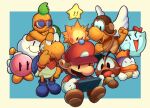  4girls 5boys blue_background blue_footwear blush bombette boots border bow_(paper_mario) brown_footwear ellisbros facial_hair gloves goombario handheld_game_console hat highres holding holding_handheld_game_console kooper lakilester mario mario_(series) multiple_boys multiple_girls mustache nintendo_switch open_mouth paper_mario paper_mario_64 parakarry red_headwear simple_background sitting sushie watt_(paper_mario) white_border white_gloves wings 