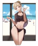  6+girls akebono_(kancolle) artist_name beach bikini black_bikini blonde_hair blue_eyes blush closed_mouth collarbone come2traveling cropped_legs day highres kantai_collection long_hair mole mole_under_eye mole_under_mouth multiple_girls navel oboro_(kancolle) ocean official_alternate_costume richelieu_(kancolle) sazanami_(kancolle) signature smile solo_focus south_dakota_(kancolle) souya_(kancolle) swimsuit ushio_(kancolle) washington_(kancolle) wet 