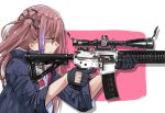  1girl absurdres aiming ar-15 assault_rifle blue_eyes finger_on_trigger girls&#039;_frontline gloves gun highres holding holding_gun holding_weapon long_hair nym pink_hair rifle scope solo st_ar-15_(girls&#039;_frontline) weapon 