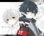  2boys arknights armband artist_name bandaid bandaid_on_cheek bandaid_on_face black_coat black_eyes black_hair closed_mouth coat commentary_request crossed_bangs faust_(arknights) green_eyes hair_between_eyes itsuki_02 mephisto_(arknights) multiple_boys pointy_ears red_armband reunion_logo_(arknights) shirt twitter_username white_hair white_shirt 