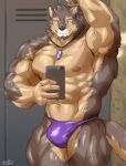  anthro biceps brown_body brown_fur bulge canid canine canis cellphone clothing crystal domestic_dog fur hi_res jewelry lifewonders live_a_hero male mammal muscular muscular_anthro muscular_male necklace nipples pecs phone pubraseer purple_eyes selfie smartphone solo speedo swimwear vein veiny_muscles zenon0917 