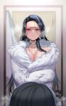  1girl absurdres black_hair breasts breath choker cleavage coat forehead fur_coat highres holding_own_arm indoors invincible_dragon_(last_origin) large_breasts last_origin long_hair mirror naked_coat reflection rhlatm very_long_hair white_choker white_coat 