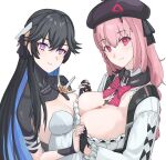  2girls absurdres asymmetrical_docking ayla:_brilliance_(punishing:_gray_raven) ayla_(punishing:_gray_raven) black_collar black_gloves black_hair black_headwear blue_hair braid breast_press breasts cleavage closed_mouth collar colored_inner_hair detached_collar dress fingerless_gloves gloves highres large_breasts long_hair long_sleeves looking_at_viewer mechanical_arms multicolored_hair multiple_girls neck_ribbon pink_eyes pink_hair pink_ribbon punishing:_gray_raven purple_eyes ribbon selena:_capriccio_(punishing:_gray_raven) selena_(punishing:_gray_raven) shirt side_braid sidelocks single_mechanical_arm small_breasts white_background white_dress white_shirt yagikan_(caru2338) 
