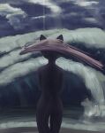  absurd_res anthro black_body black_fur butt cloud digital_media_(artwork) felid feline female ferrn fur hair hi_res huge_filesize mammal nails nude pantherine sea solo storm tail toshi_(ferrn) water wave white_hair 