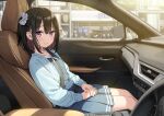  1girl 5_nenme_no_houkago 6+boys black_eyes black_hair blue_cardigan blush building car car_interior cardigan closed_mouth commentary_request double-parted_bangs faceless faceless_male grey_skirt grey_sweater hair_between_eyes hair_ornament hair_scrunchie highres kantoku long_sleeves looking_at_viewer motor_vehicle multiple_boys on_vehicle one_side_up pleated_skirt puffy_long_sleeves puffy_sleeves scrunchie seatbelt shizuku_(kantoku) short_hair skirt smile solo solo_focus steering_wheel sweater white_scrunchie 