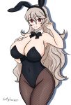  1girl animal_ears black_bow black_bowtie bow bowtie breasts cleavage closed_mouth corrin_(female)_(fire_emblem) corrin_(fire_emblem) covered_navel fire_emblem fire_emblem_fates hand_in_own_hair hand_on_own_chest highres large_breasts long_hair looking_at_viewer navel rabbit_ears red_eyes sixtybuzzer smile thick_thighs thighhighs thighs very_long_hair wavy_hair white_background 