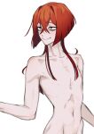  1boy bags_under_eyes collarbone commentary completely_nude english_commentary groin hair_between_eyes male_focus navel nude original red_eyes saiyakyun sidelocks skinny solo upper_body 