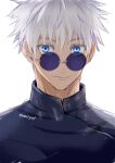  1boy blue_eyes closed_mouth colored_eyelashes commentary_request gojou_satoru high_collar jujutsu_kaisen looking_at_viewer male_focus nori20170709 portrait round_eyewear short_hair simple_background solo sunglasses twitter_username white_background white_hair 