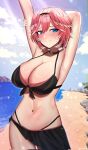  1girl armpits beach bikini black_bikini black_choker blue_eyes blush breasts choker closed_mouth hair_between_eyes hairband head_wings highleg highleg_bikini highres hololive kotodekun large_breasts looking_at_viewer navel outdoors pink_hair short_hair smile solo swimsuit takane_lui thighs virtual_youtuber wings 