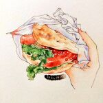  bread dated focaccia food food_focus lettuce no_humans original painting_(medium) pov pov_hands sandwich sausage sio_miyako still_life traditional_media watercolor_(medium) 