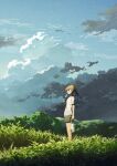 1girl bag black_shorts blue_eyes brown_hair cloud dark_clouds flat_chest food grass green_theme hair_between_eyes highres holding holding_bag holding_food holding_ice_cream ice_cream landscape long_hair looking_ahead low_ponytail on_grass open_mouth original outdoors plastic_bag ponytail potg_(piotegu) shirt short_sleeves shorts sky solo standing sweatdrop white_shirt 