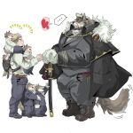  absurd_res anthro beard big_bulge big_muscles big_pecs black_hair blonde_hair blush boots bottomwear brown_body brown_fur bulge canid canine canis carrying carrying_another chan_kiti_chan_(artist) clothing eye_contact facial_hair facial_scar family father_(lore) father_and_child_(lore) father_and_son_(lore) footwear fur group hair hi_res human human_on_anthro interspecies larger_anthro larger_male looking_at_another male male/male mammal melee_weapon military military_uniform multicolored_body multicolored_fur muscular muscular_anthro muscular_male pants parent_(lore) parent_and_child_(lore) parent_and_son_(lore) pecs piggyback romantic romantic_couple scar size_difference smaller_human smaller_male son_(lore) sword uniform weapon white_body white_fur wolf 