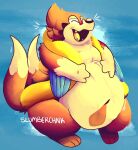  2_tails ambiguous_gender arm_fins belly big_belly digital_media_(artwork) eyes_closed feral fin floaty floatzel fur generation_4_pokemon hi_res laugh mammal multi_tail navel nintendo obese open_mouth orange_body orange_fur overweight pokemon pokemon_(species) signature simple_background slumberchnk smile solo tail tan_body tan_fur thick_thighs 