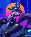  80&#039;s_theme anthro aweeeson big_breasts big_butt bodysuit breasts butt canid canine canis clothed clothing epic_games female fortnite fully_clothed fur_trim_(clothing) hi_res mammal motorcycle pack_leader_highwire sharp_teeth side_view skinsuit small_waist smile solo teeth text tight_clothing vehicle wolf 
