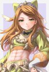  1girl abs bow crop_top etie_(fire_emblem) fire_emblem fire_emblem_engage green_bow green_eyes green_skirt hair_bow hand_on_own_hip long_hair long_sleeves looking_at_viewer midriff navel orange_hair simple_background skirt skirt_set solo stomach ten_(tenchan_man) tiara upper_body white_background 