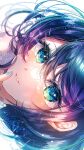  1girl blue_eyes blue_hair blue_nails chromatic_aberration close-up commentary_request eyelashes finger_to_own_chin hair_between_eyes highres kurokawa_akane lens_flare nail_polish oshi_no_ko parted_lips pinapo_25 short_hair sidelocks signature solo 