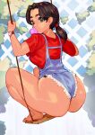  1girl ass character_request chewing_gum feet forehead highres huge_ass keigi looking_at_viewer overalls shiny_skin solo squatting swing watch 