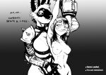  2023 american_opossum anthro bethesda_softworks big_breasts black_and_white bodypaint breast_squish breasts broken_glasses cleavage clothed clothing dialogue didelphid dominant dominant_female duo english_text eyewear face_paint fallout female female/female glasses gradient_background hand_on_another&#039;s_hip hand_on_hip hi_res hladilnik lagomorph leporid looking_pleasured mammal marsupial marylin_(hladilnik) monochrome nipples nude pip-boy pro_bun_(hladilnik) rabbit raider_(fallout) raised_arms shoulder_pads simple_background spiked_shoulder_pads spikes squish submissive submissive_female text virginia_opossum 