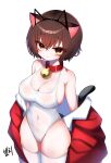  1girl animal_ears bare_shoulders bell blush breasts brown_hair cat_ears cat_girl cat_tail cleavage closed_mouth collar collarbone commentary_request copyright_request covered_navel fake_animal_ears fang fang_out hair_between_eyes highres jacket jingle_bell large_breasts looking_at_viewer neck_bell o2h2_oh4 off_shoulder one-piece_swimsuit red_collar red_eyes red_jacket signature simple_background smile solo swimsuit tail thighhighs white_background white_one-piece_swimsuit white_thighhighs 