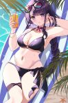  1girl absurdres alternate_costume armpits beach beach_mat bikini braid braided_ponytail drink genshin_impact halterneck highres holding holding_drink looking_at_viewer mole mole_under_eye navel purple_bikini purple_eyes purple_hair raiden_shogun rererere_mon slime_(genshin_impact) solo stomach swimsuit thighs 