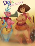  2023 amber_eyes anthro areola axe big_areola big_breasts boots_(dora_the_explorer) breasts brown_eyes brown_hair crossgender curvaceous curvy_figure dated digital_drawing_(artwork) digital_media_(artwork) dora_marquez dora_the_explorer duo english_text exposed_breasts female fingers fur grey_body grey_fur grey_hair hair haplorhine hi_res huge_areola human jewelry long_tail looking_at_viewer mammal melee_weapon monkey mtf_crossgender multicolored_body multicolored_fur navel necklace nipple_piercing nipples piercing pink_body pink_fur primate smile sword tail tan_body tan_skin text thick_thighs thingshappen tribal tribal_clothing two_tone_body two_tone_fur voluptuous watermark weapon wide_hips 