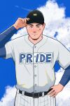  1boy aircraft airplane bara baseball_cap baseball_uniform belt black_belt black_eyes black_hair blue_sky english_text hand_on_headwear hand_on_own_hip hat hat_tip heart highres imramillust light_smile looking_at_viewer male_focus muscular muscular_male original rainbow_flag short_hair sky solo sportswear star_(symbol) sticker_on_face thick_eyebrows upper_body 