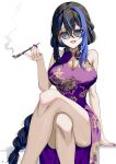  1girl absurdres ash_kabon bare_shoulders black_hair blue_eyes blue_hair breasts china_dress chinese_clothes cleavage crossed_legs dress hand_up highres holding holding_smoking_pipe large_breasts multicolored_hair open_mouth original purple_nails sitting smoke_trail smoking_pipe solo streaked_hair sunglasses 